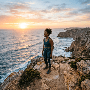 Smiling woman standing on rocky cliff edge overlooking ocean at sunset