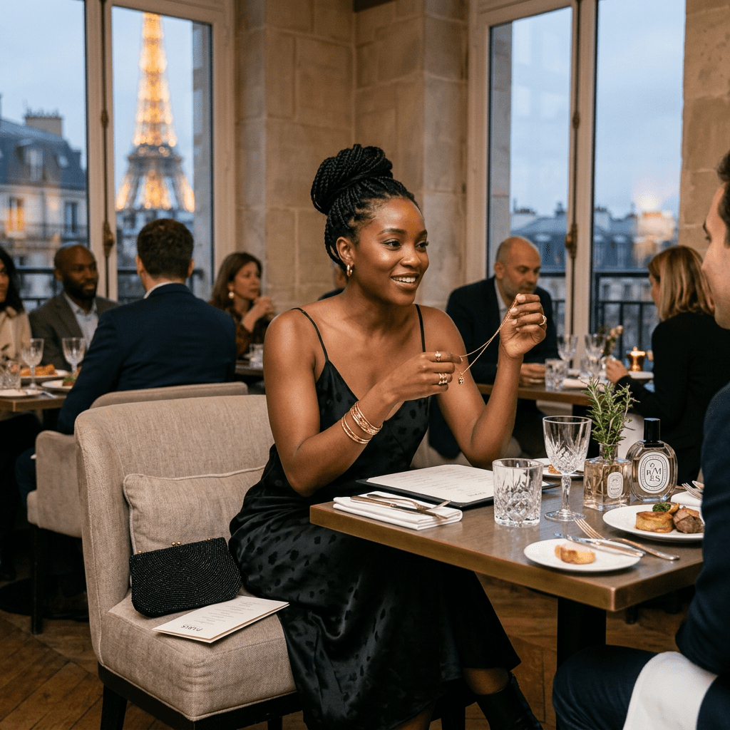 Woman in black dress smiling at dinner table with Eiffel Tower in background
