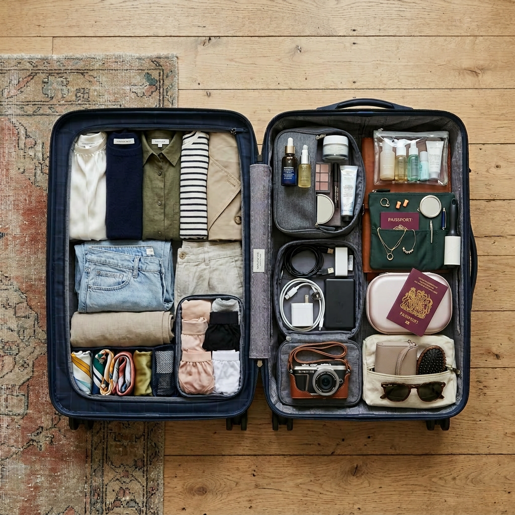 Organized suitcase packed for travel Open suitcase with folded clothes, skincare products, electronics, passport, and accessories